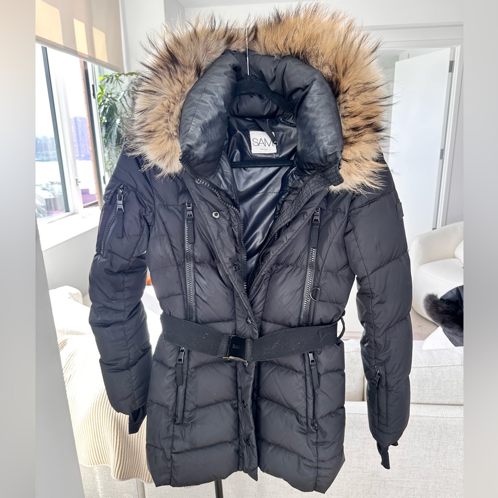 SAM Womens Black Real Fox Fur Trim Belted Down Puffer Jacket Size XS